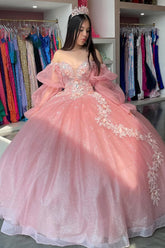 Blush Pink Off the Shoulder Long Sleeves Ball Gown Tulle Applique Quinceanera Dress